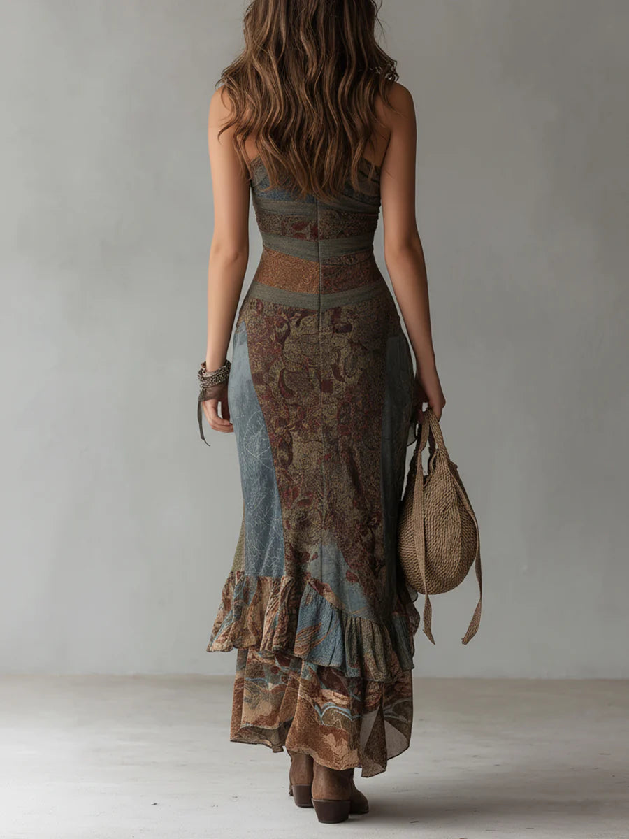Elena | Asymmetric One-Shoulder Maxi Dress with Ethnic Print and High Slit