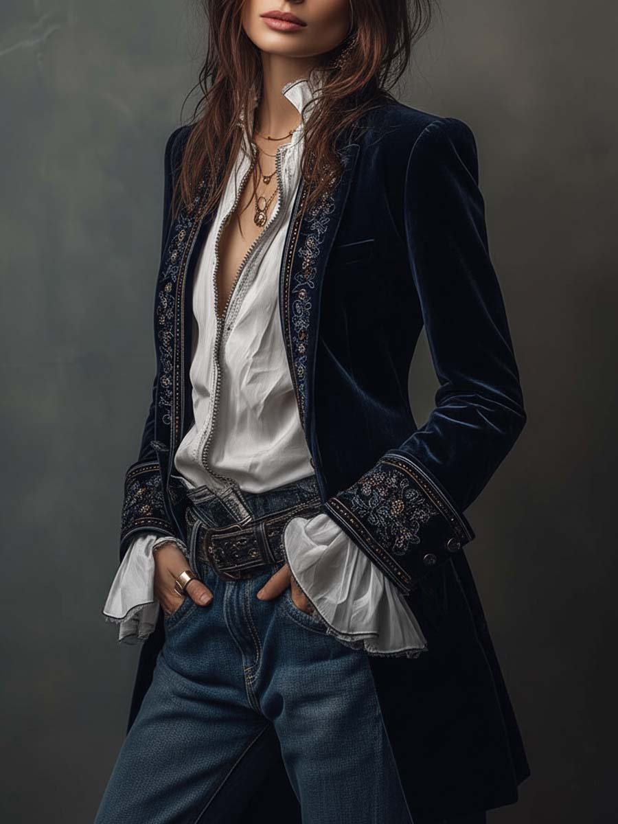 Odette™ | Embroidered Velvet Longline Jacket