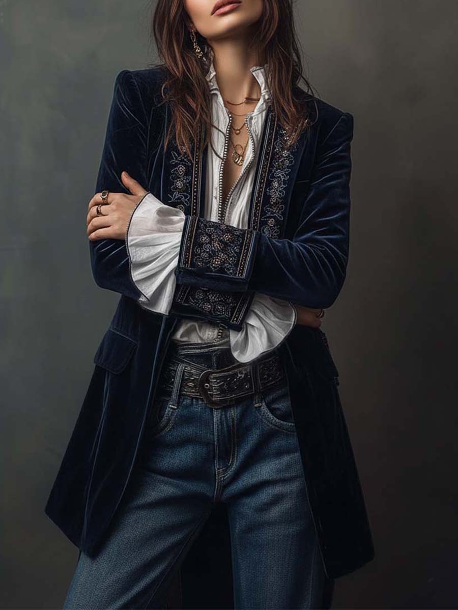 Odette™ | Embroidered Velvet Longline Jacket