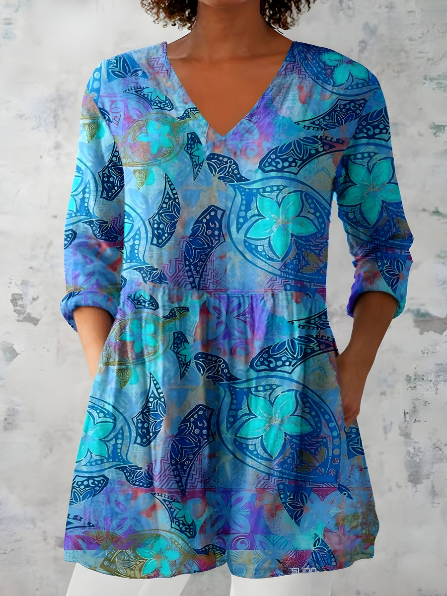 April™ | Long V-Neck Pattern Blouse