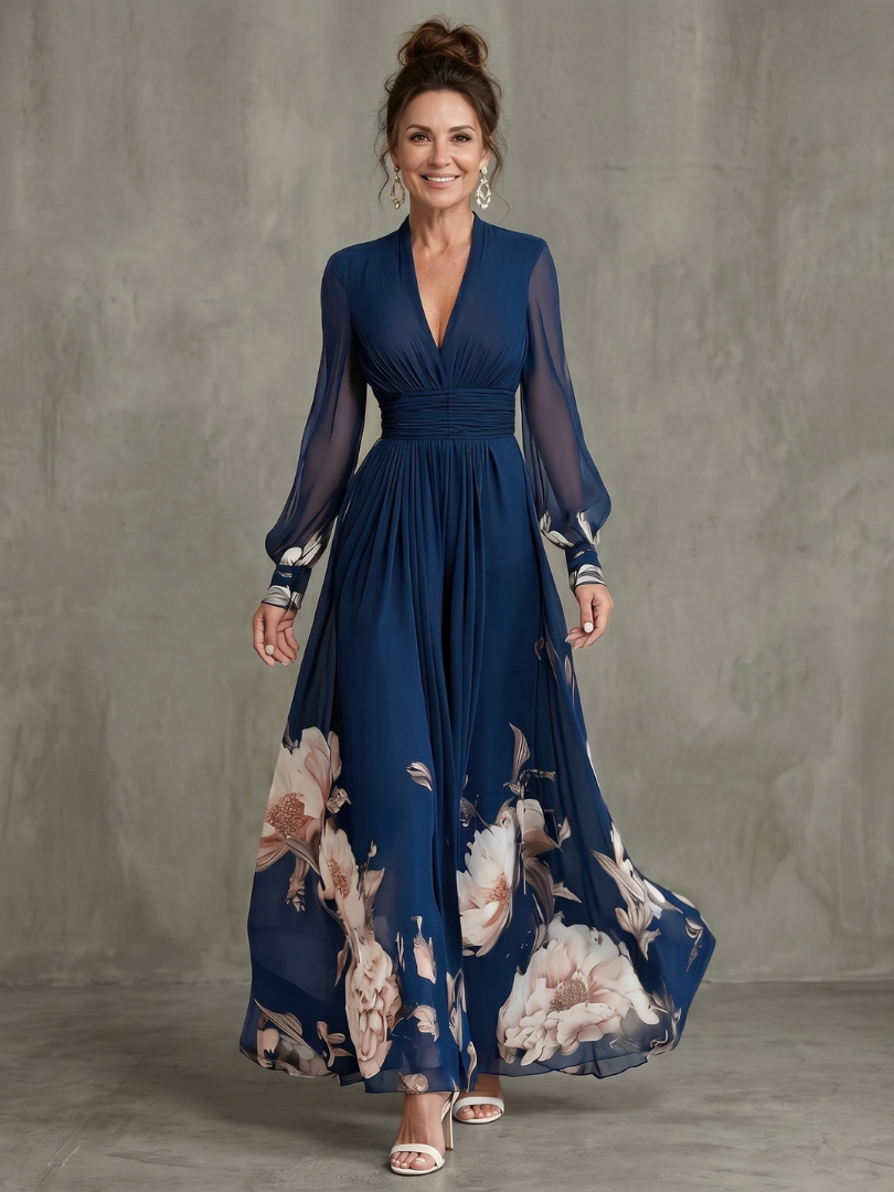 Ivy & Grace Pleated Sheer Sleeves Maxi Dress