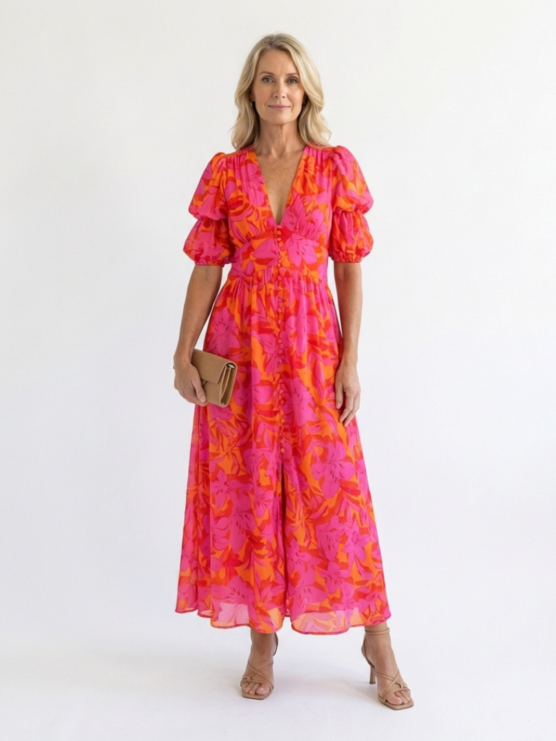 Ivy & Grace™ | Floral V Neck Puff Sleeve Midi Dress