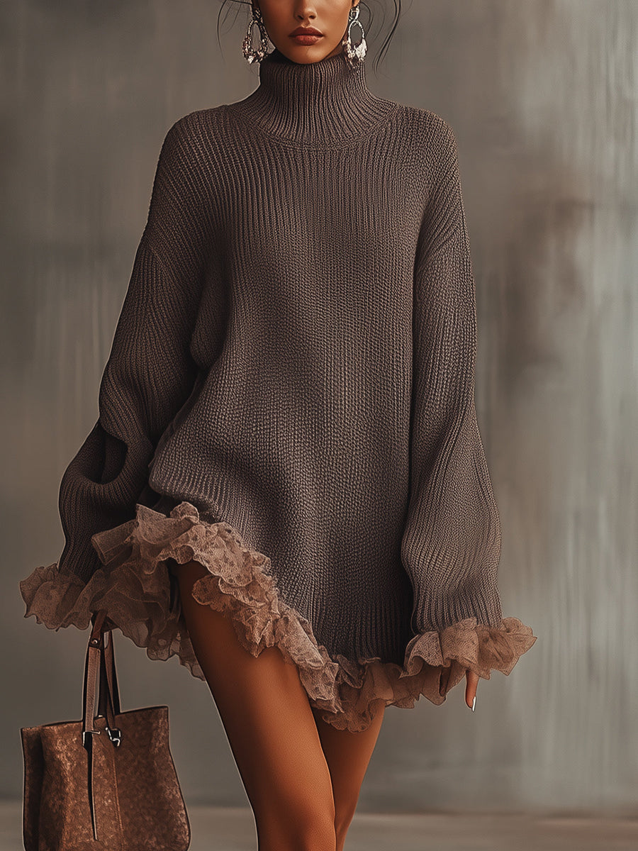 Louise | Warm Knitted Turtleneck Dress with Ruffles