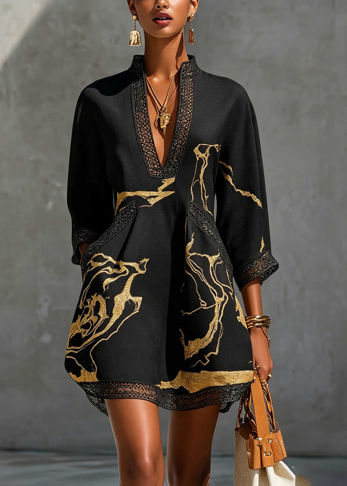 DONATELLA | BLACK MINI DRESS WITH GOLDEN MARBLE PRINT AND CROCHET LACE