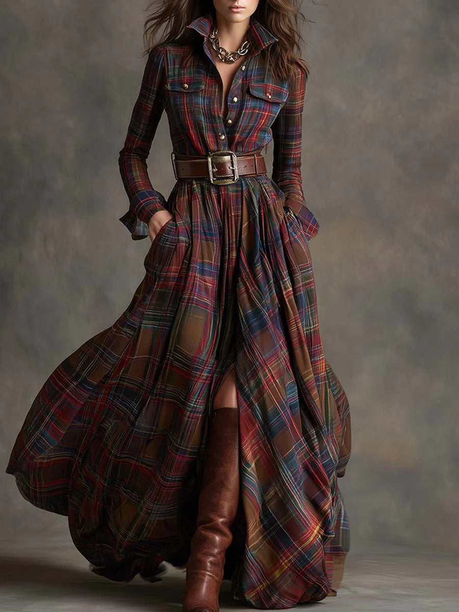 Beatriz | Belted Plaid Long Dress