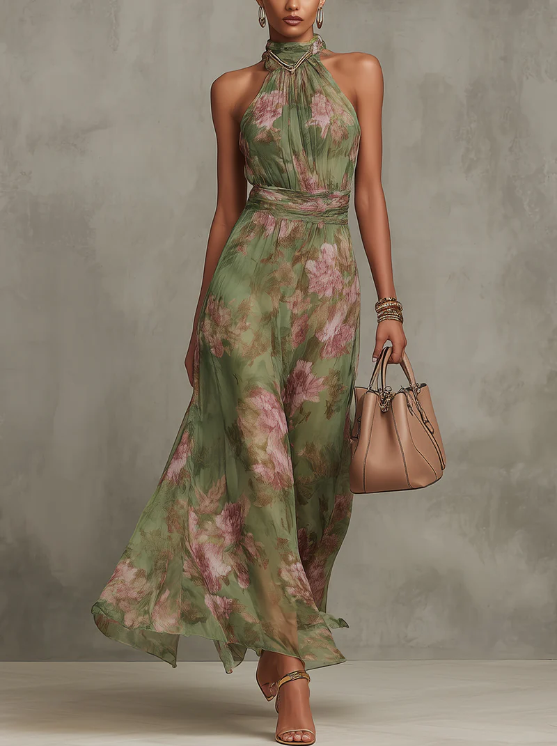 FIORI - GREEN FLORAL CHIFFON HALTER MAXI DRESS