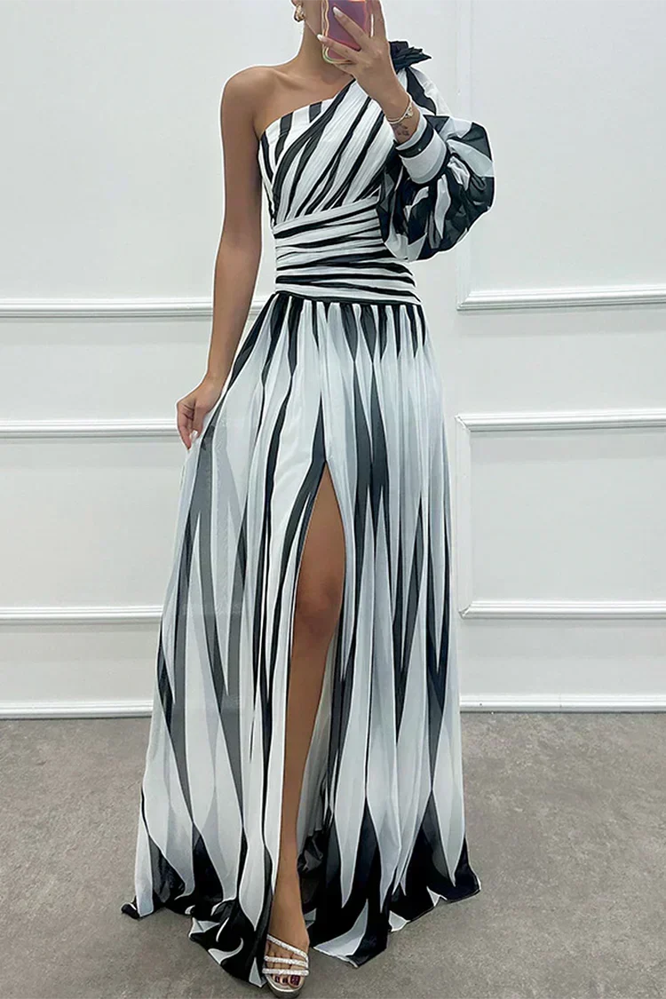 Ivy & Grace™ |Elegant Striped Maxi Dress with One Shoulder