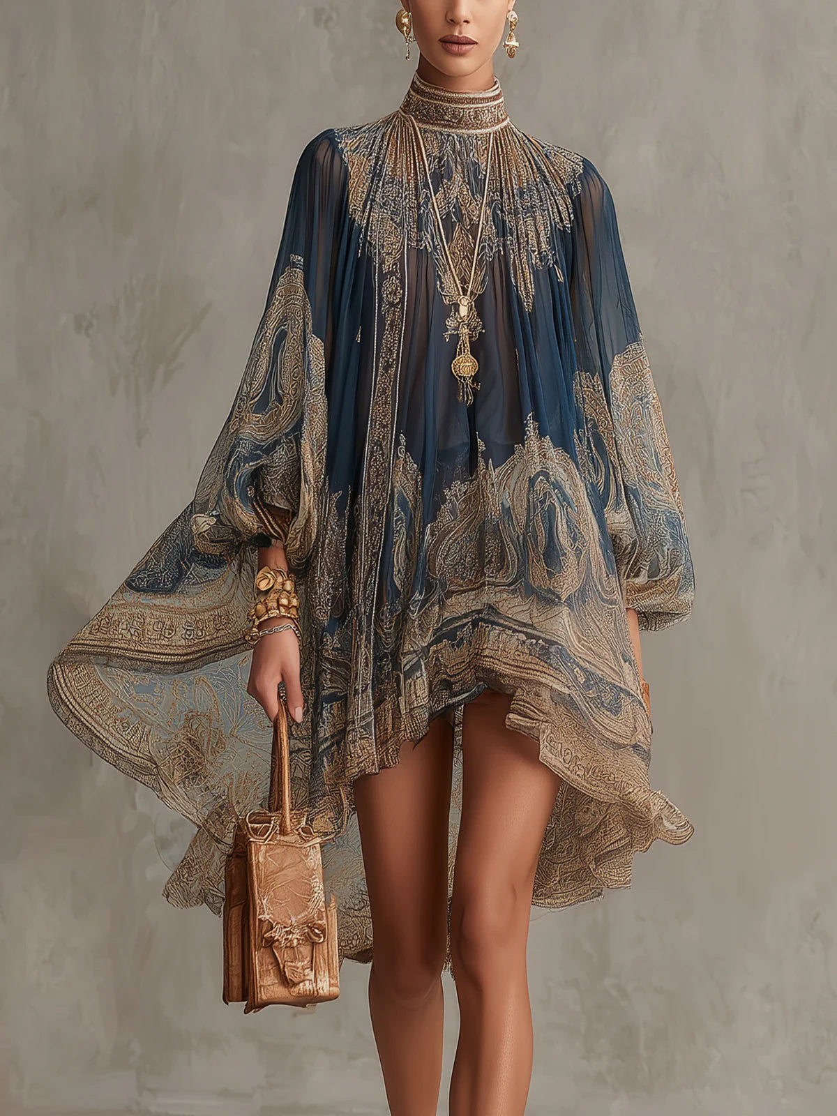 MARIANNA | NAVY BLUE CHIFFON MINI DRESS WITH GOLDEN BAROQUE PRINT