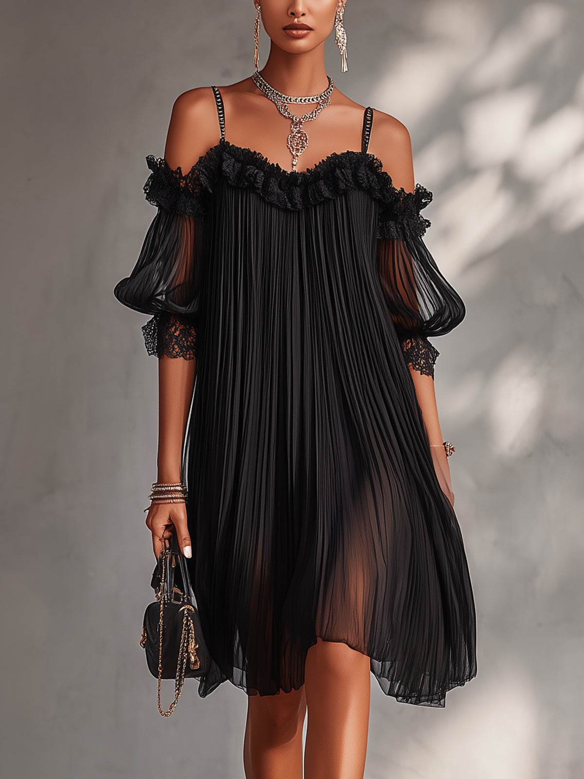 VITTORIA | BLACK CHIFFON OFF-SHOULDER MINI DRESS WITH LACE TRIM