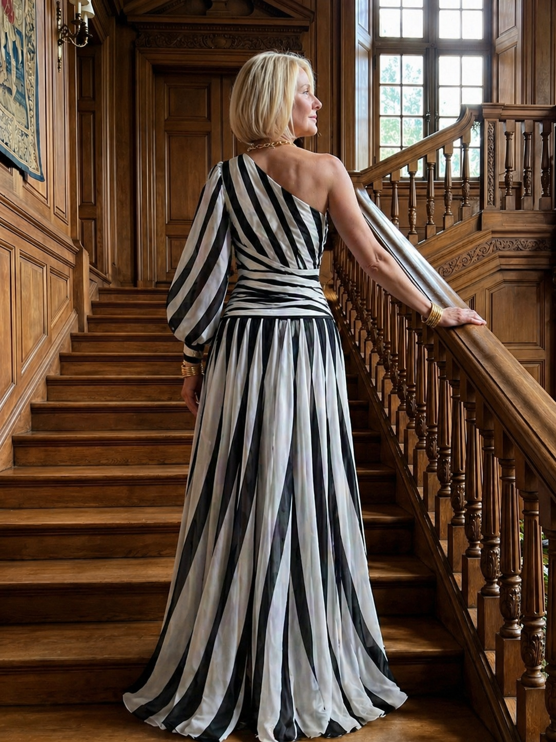 Ivy & Grace™ |Elegant Striped Maxi Dress with One Shoulder