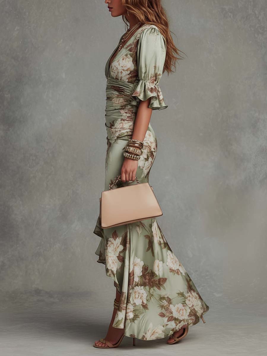 Anastasia | Floral Print Satin Long Dress