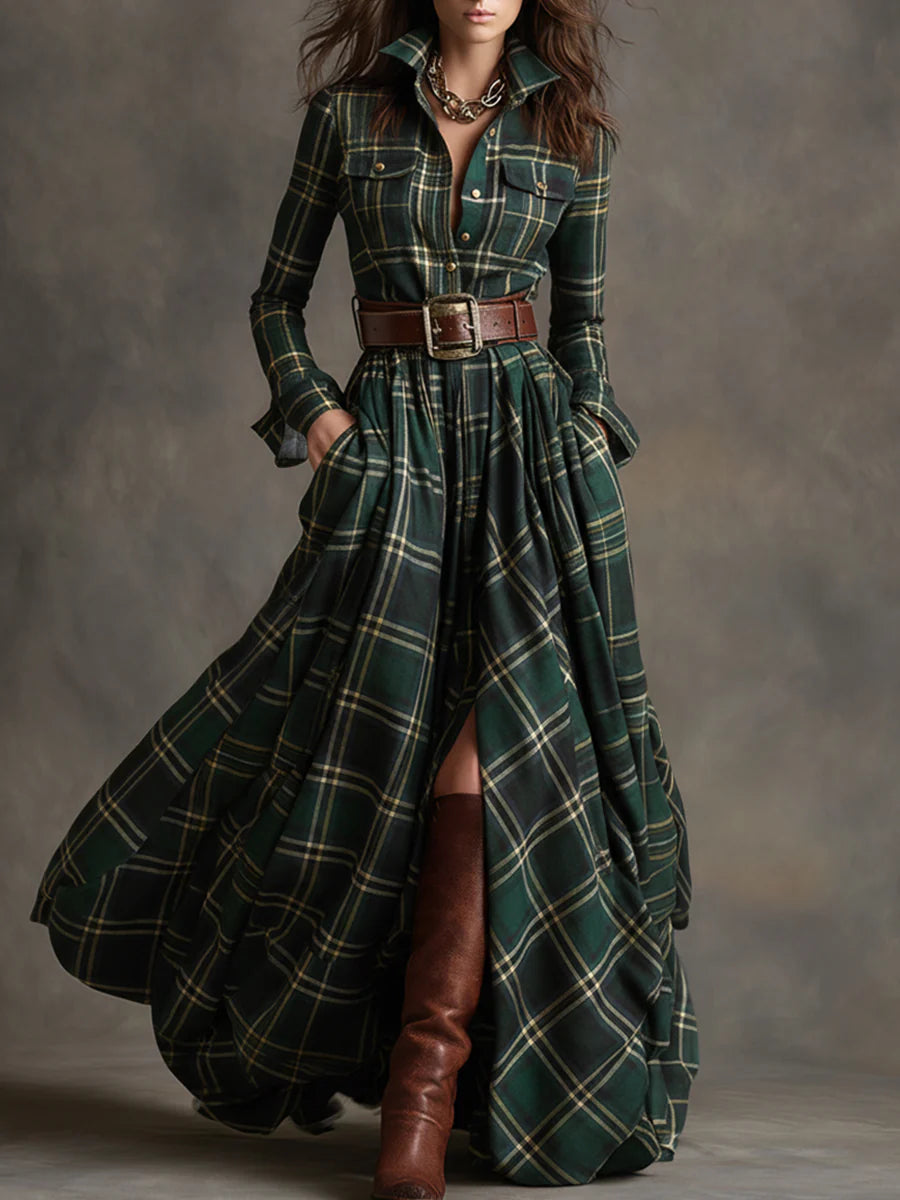 Beatriz | Belted Plaid Long Dress