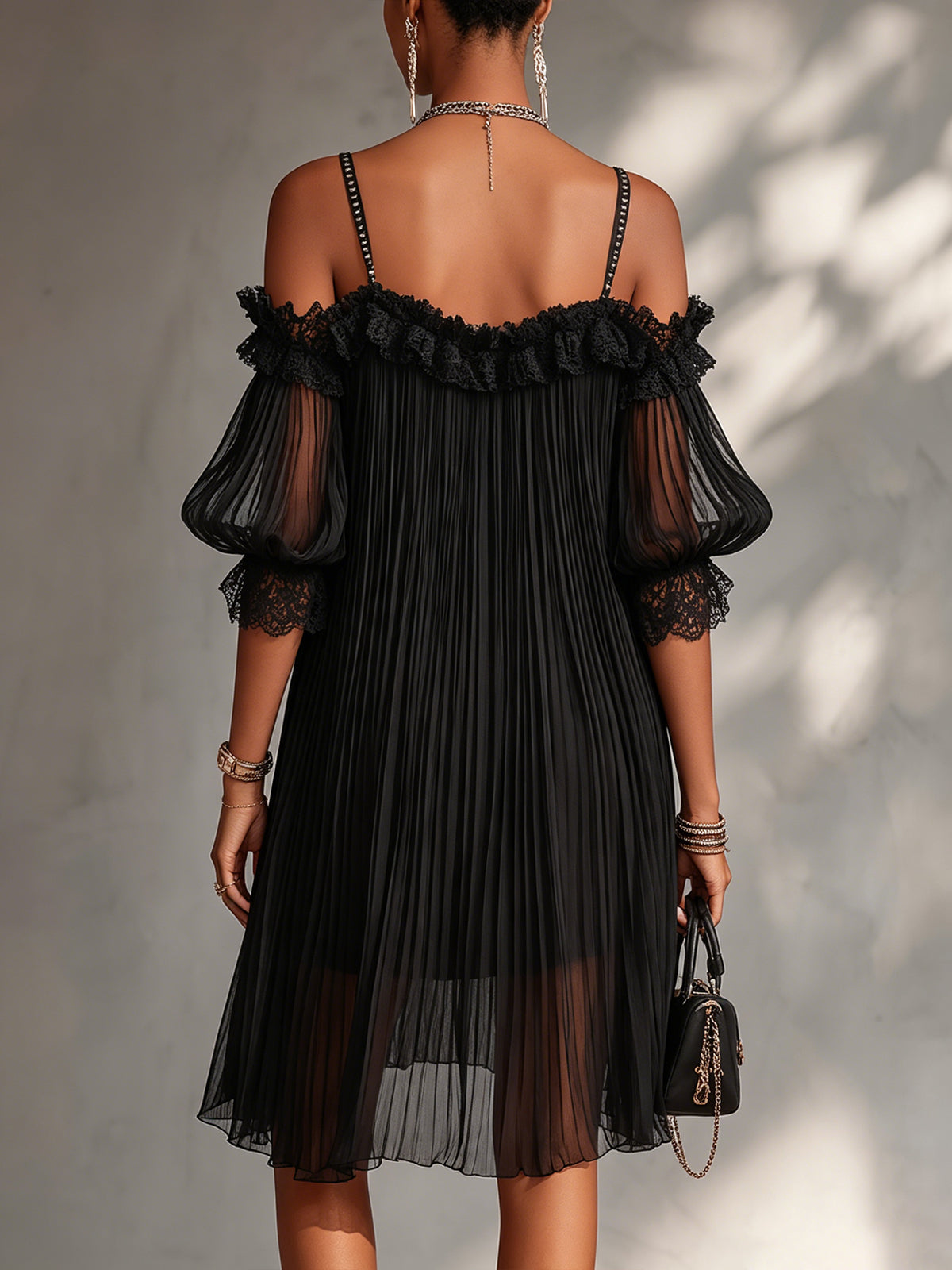 VITTORIA | BLACK CHIFFON OFF-SHOULDER MINI DRESS WITH LACE TRIM