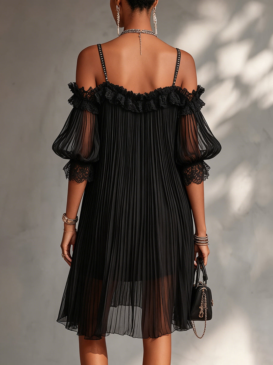 VITTORIA | BLACK CHIFFON OFF-SHOULDER MINI DRESS WITH LACE TRIM