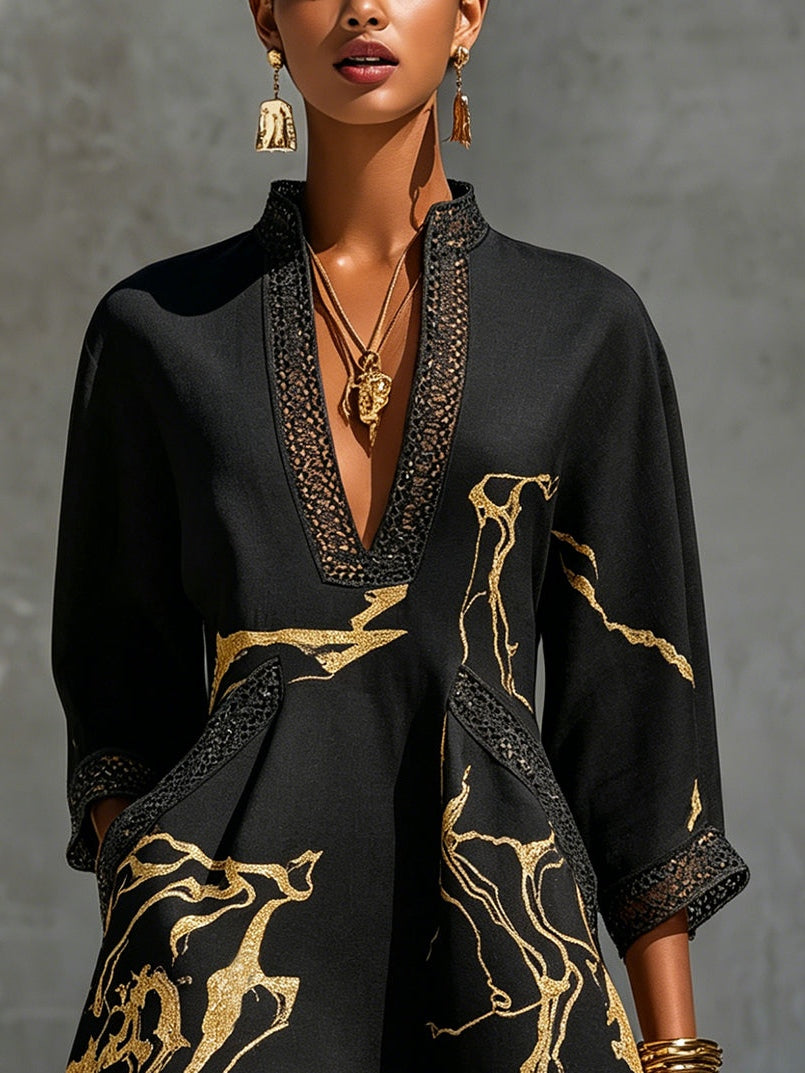 DONATELLA | BLACK MINI DRESS WITH GOLDEN MARBLE PRINT AND CROCHET LACE