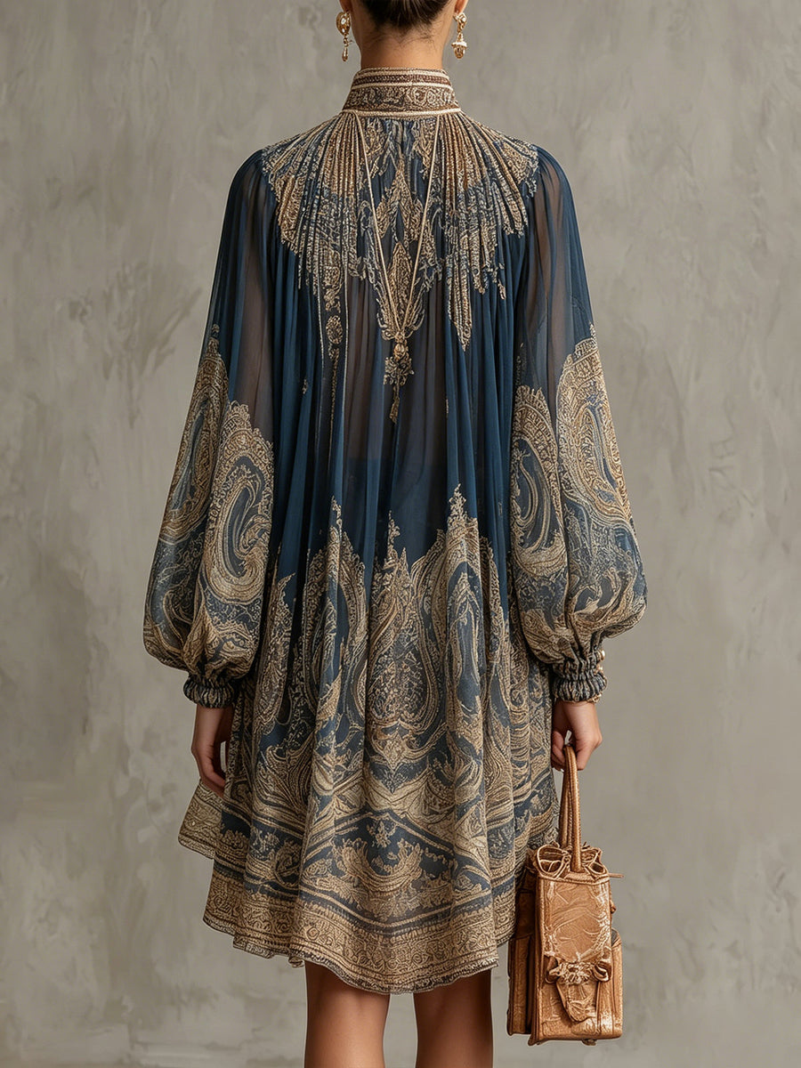MARIANNA | NAVY BLUE CHIFFON MINI DRESS WITH GOLDEN BAROQUE PRINT