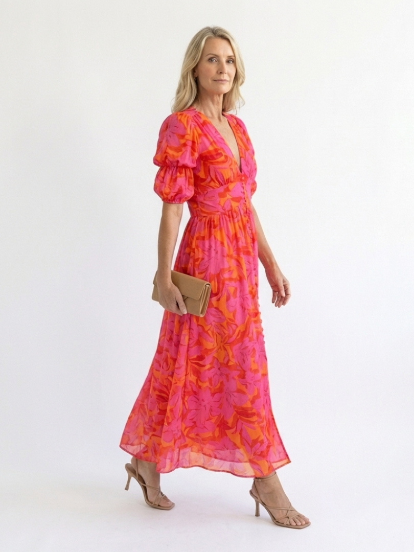 Ivy & Grace™ | Floral V Neck Puff Sleeve Midi Dress