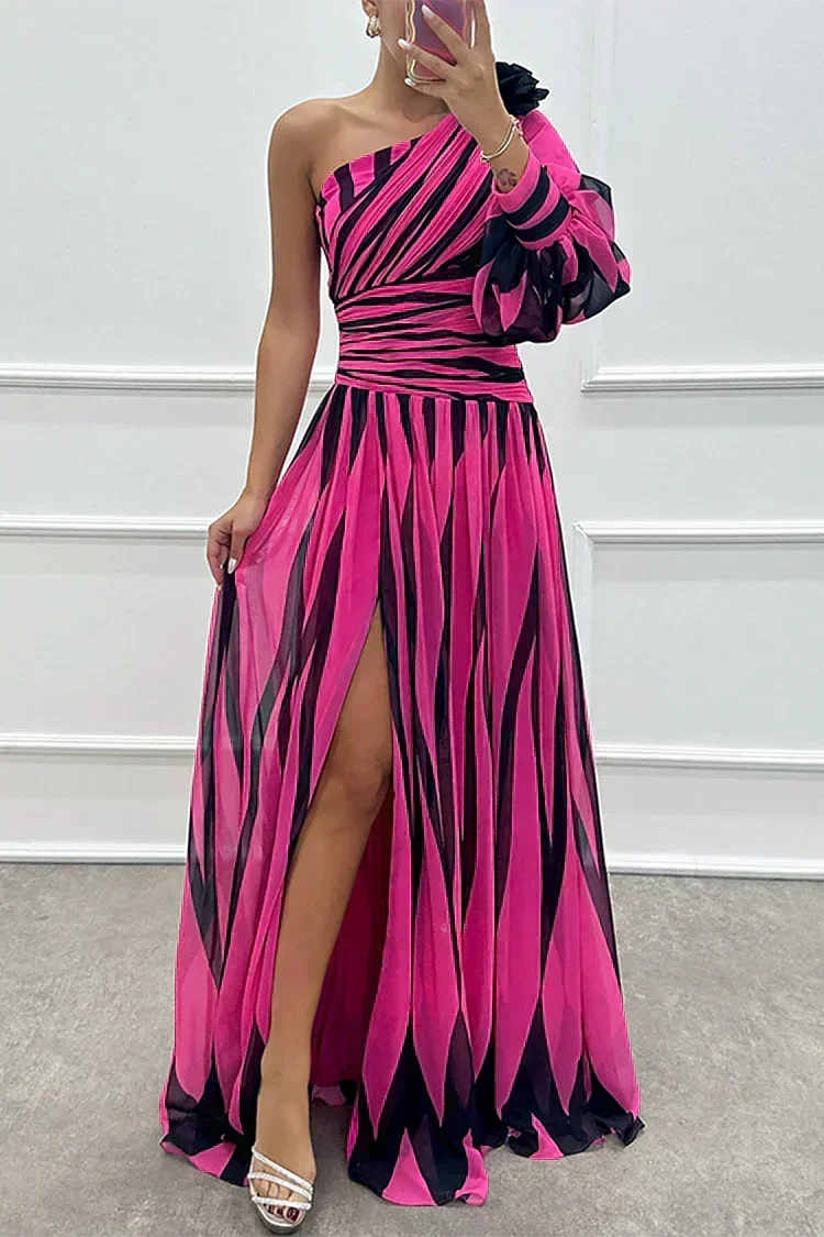 Ivy & Grace™ |Elegant Striped Maxi Dress with One Shoulder