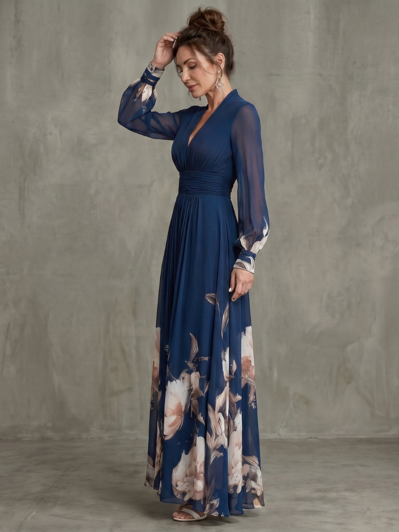 Ivy & Grace Pleated Sheer Sleeves Maxi Dress