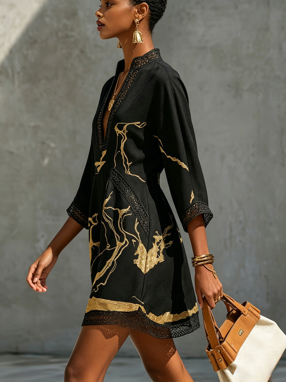 DONATELLA | BLACK MINI DRESS WITH GOLDEN MARBLE PRINT AND CROCHET LACE