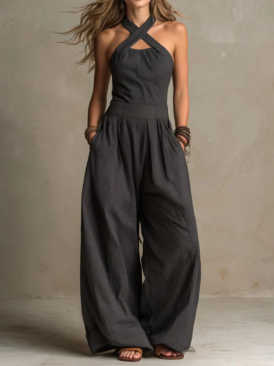 BIANCA | ELEGANT LINEN AND COTTON JUMPSUIT WITH CROSSOVER NECKLINE