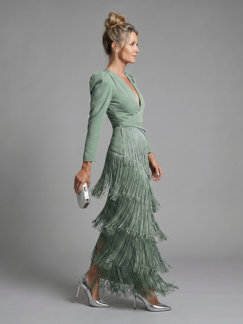Ivy & Grace Long Sleeve Soft Fringe Skirt Midi Dress