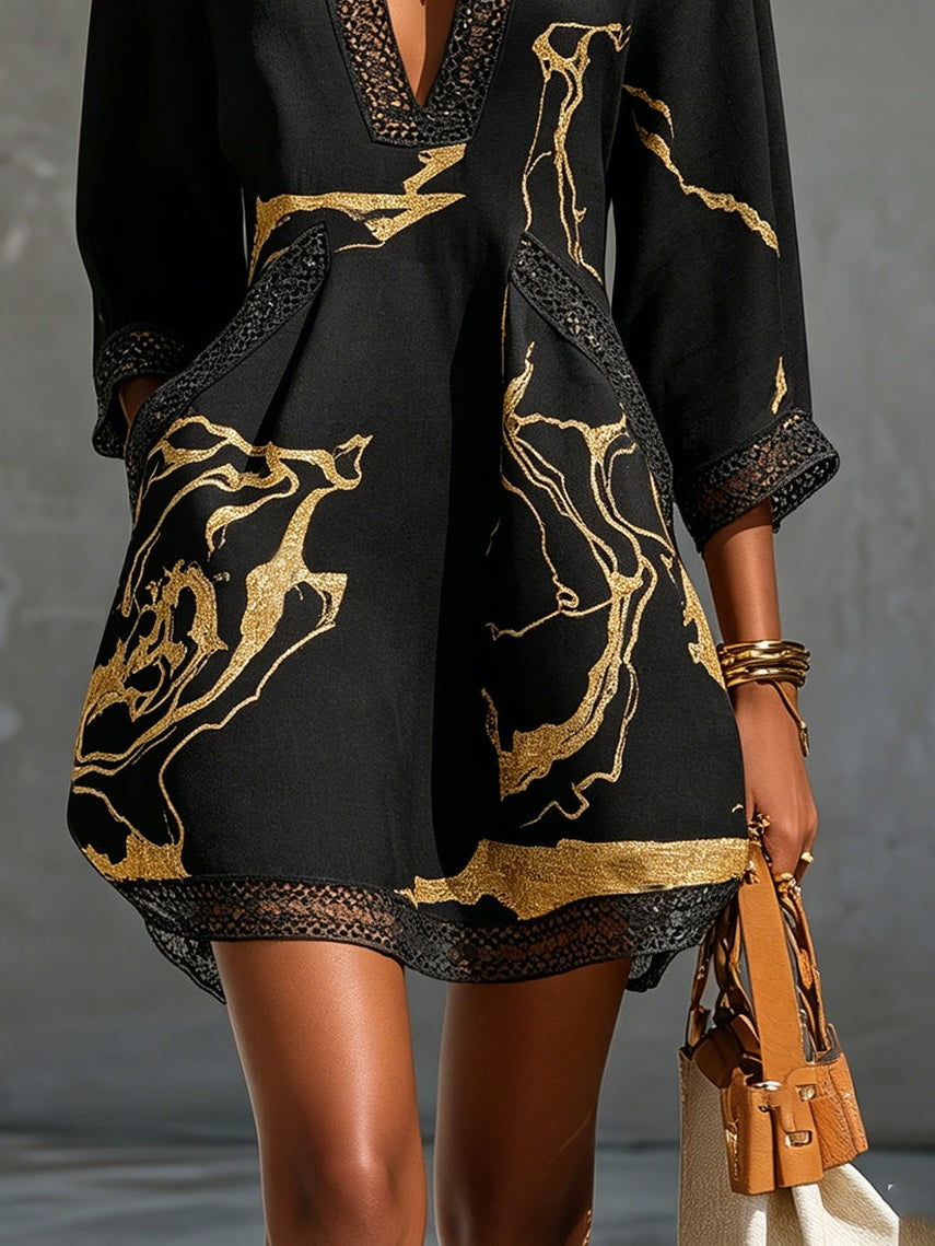 DONATELLA | BLACK MINI DRESS WITH GOLDEN MARBLE PRINT AND CROCHET LACE