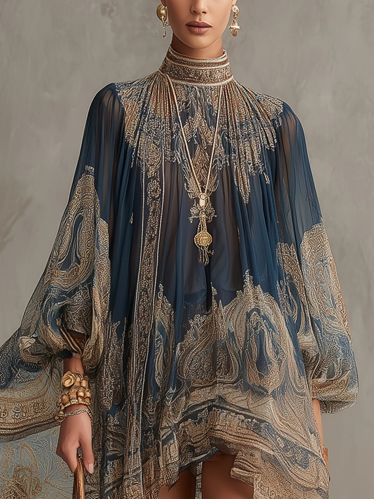 MARIANNA | NAVY BLUE CHIFFON MINI DRESS WITH GOLDEN BAROQUE PRINT