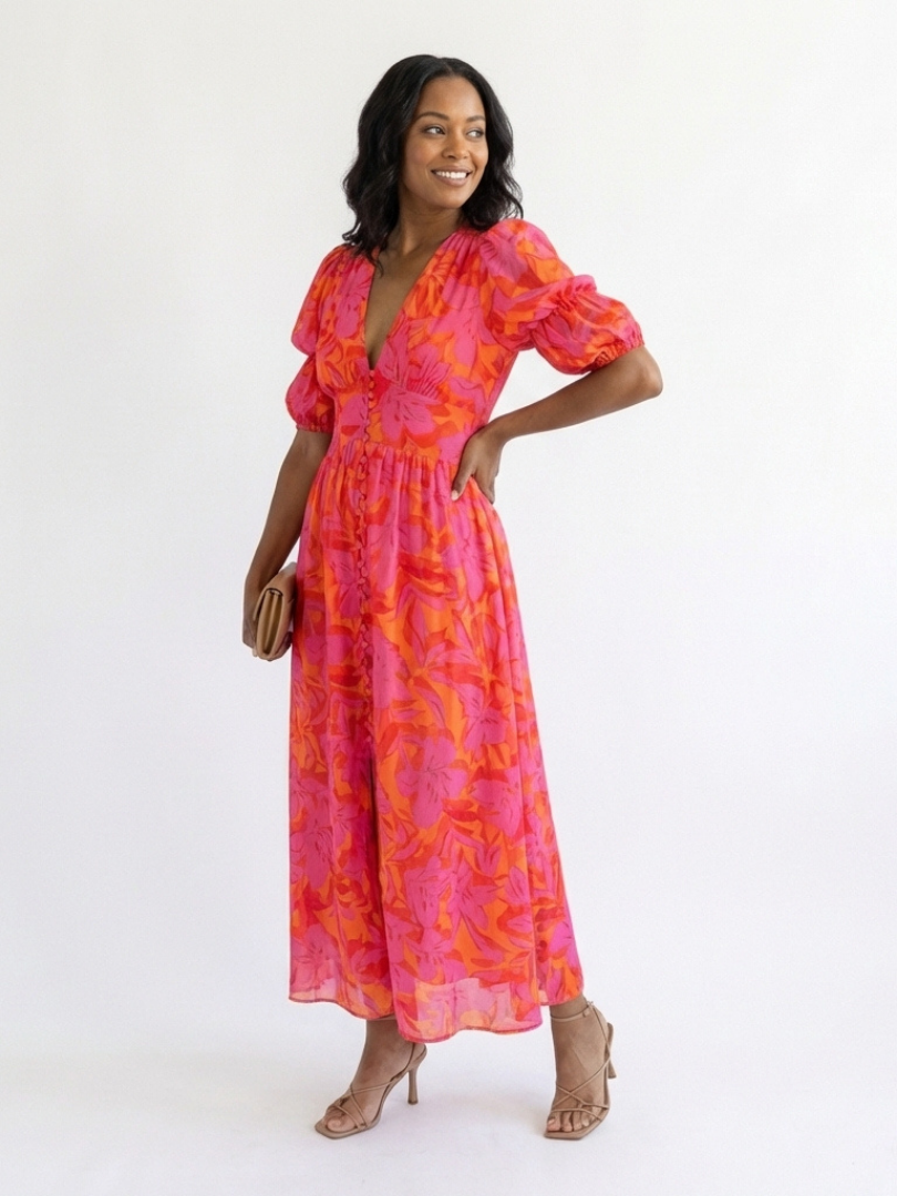 Ivy & Grace™ | Floral V Neck Puff Sleeve Midi Dress