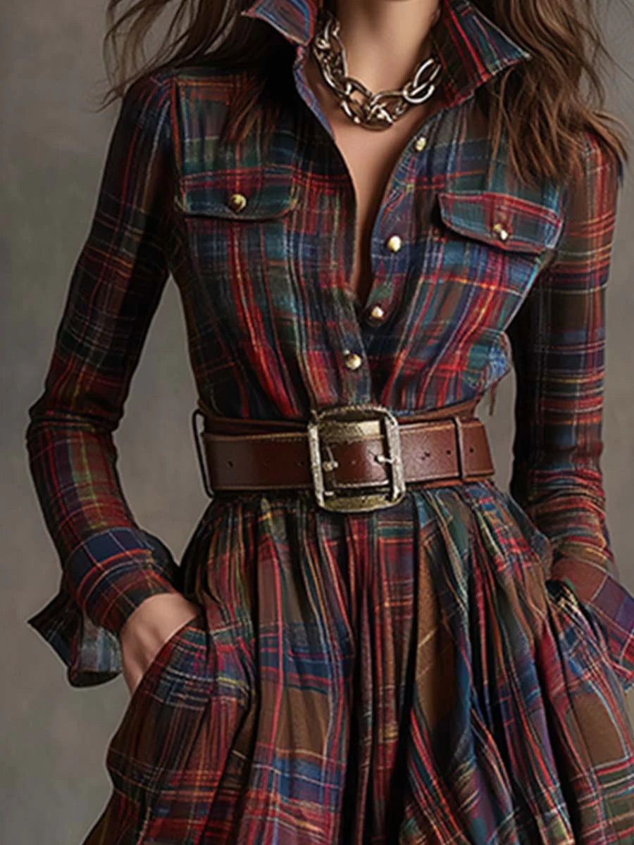 Beatriz | Belted Plaid Long Dress