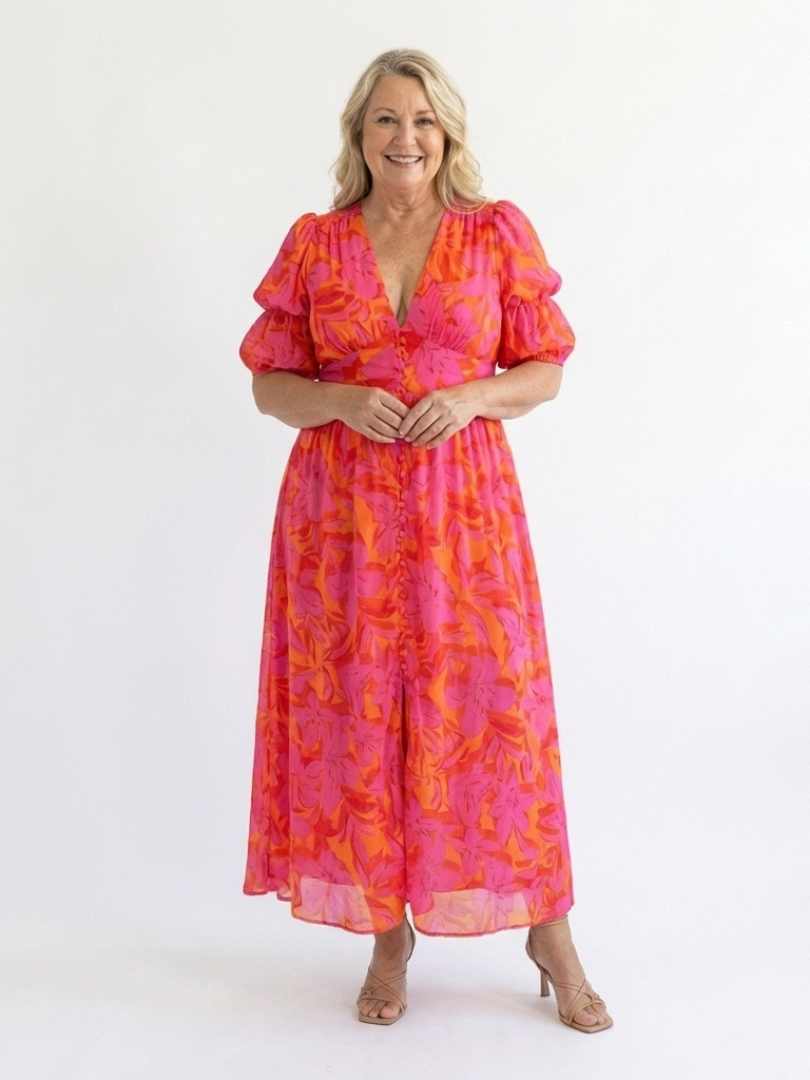 Ivy & Grace™ | Floral V Neck Puff Sleeve Midi Dress
