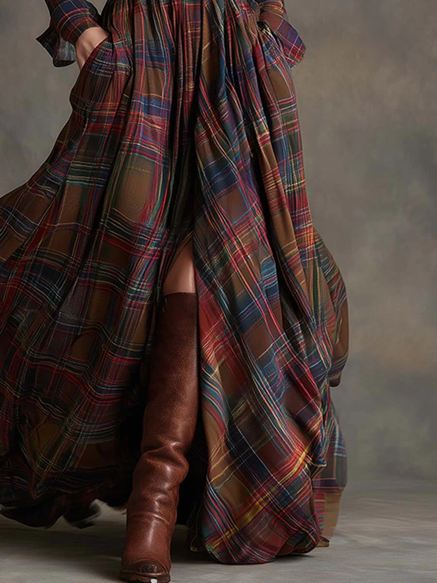 Beatriz | Belted Plaid Long Dress