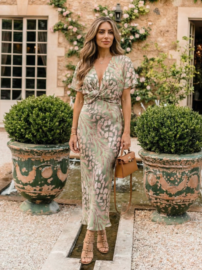 Ivy & Grace™ | Abstract Print V Neck Twist Waist Midi Dress