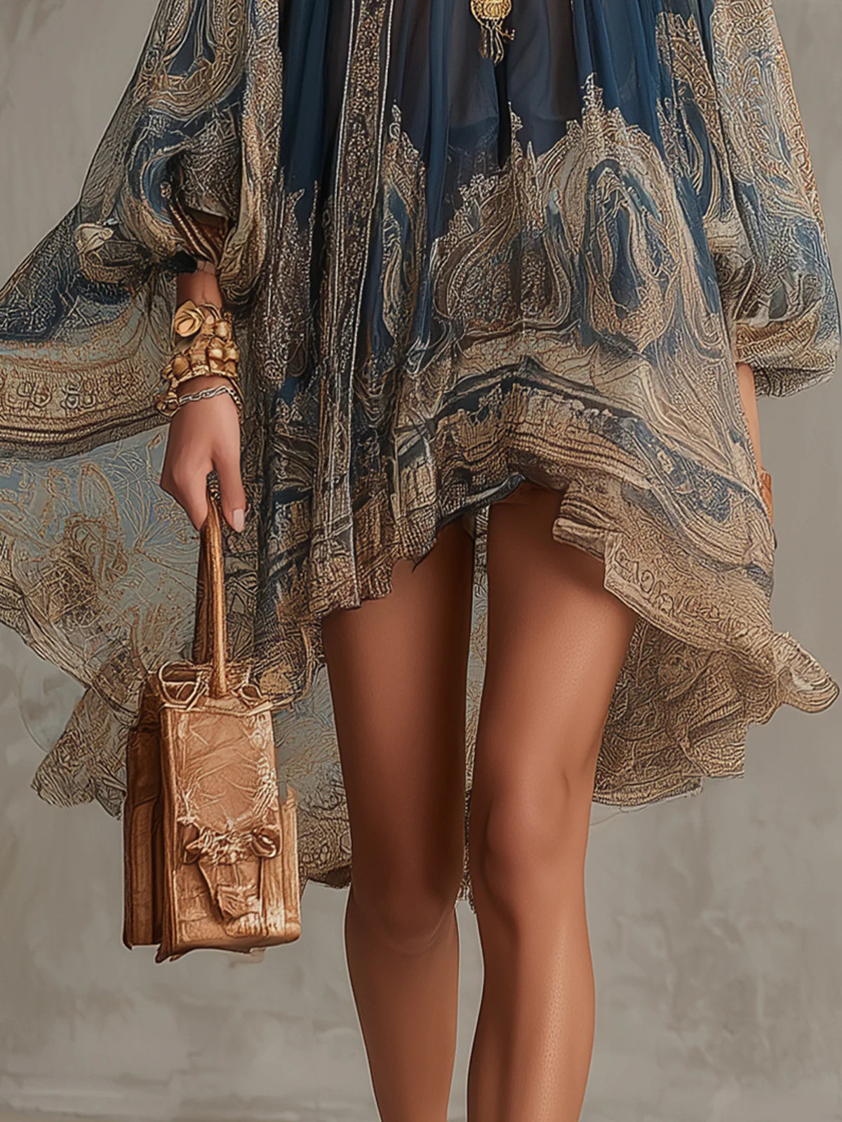 MARIANNA | NAVY BLUE CHIFFON MINI DRESS WITH GOLDEN BAROQUE PRINT
