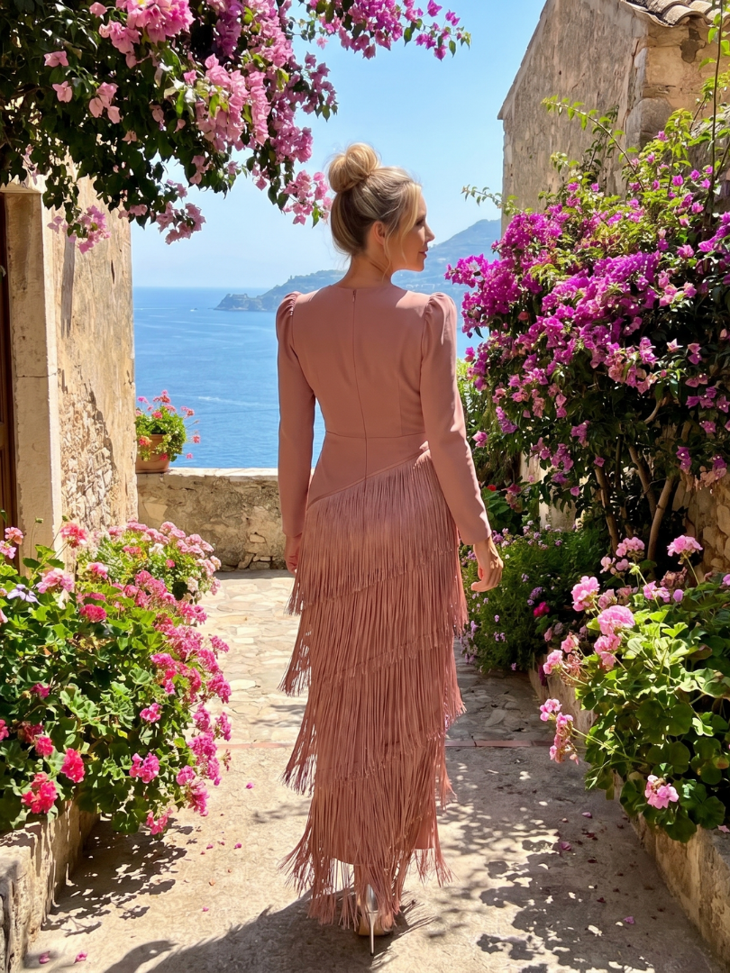 Ivy & Grace Long Sleeve Soft Fringe Skirt Midi Dress