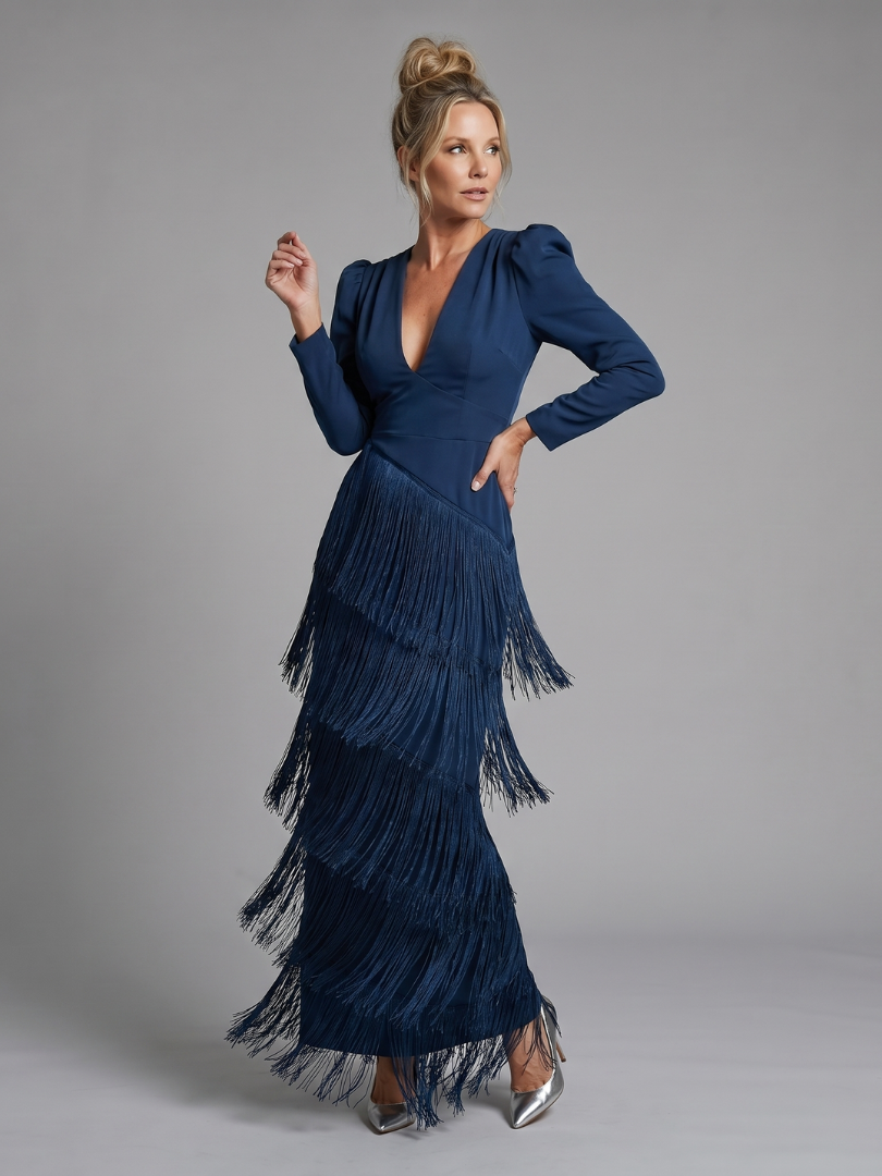 Ivy & Grace Long Sleeve Soft Fringe Skirt Midi Dress