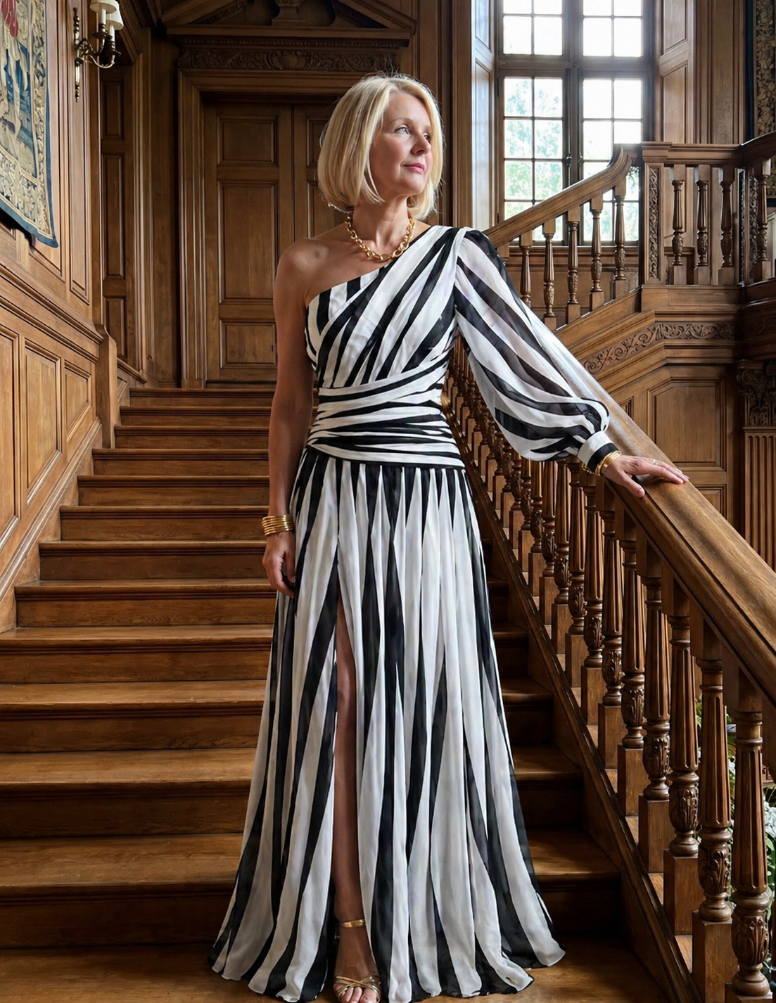 Ivy & Grace™ |Elegant Striped Maxi Dress with One Shoulder