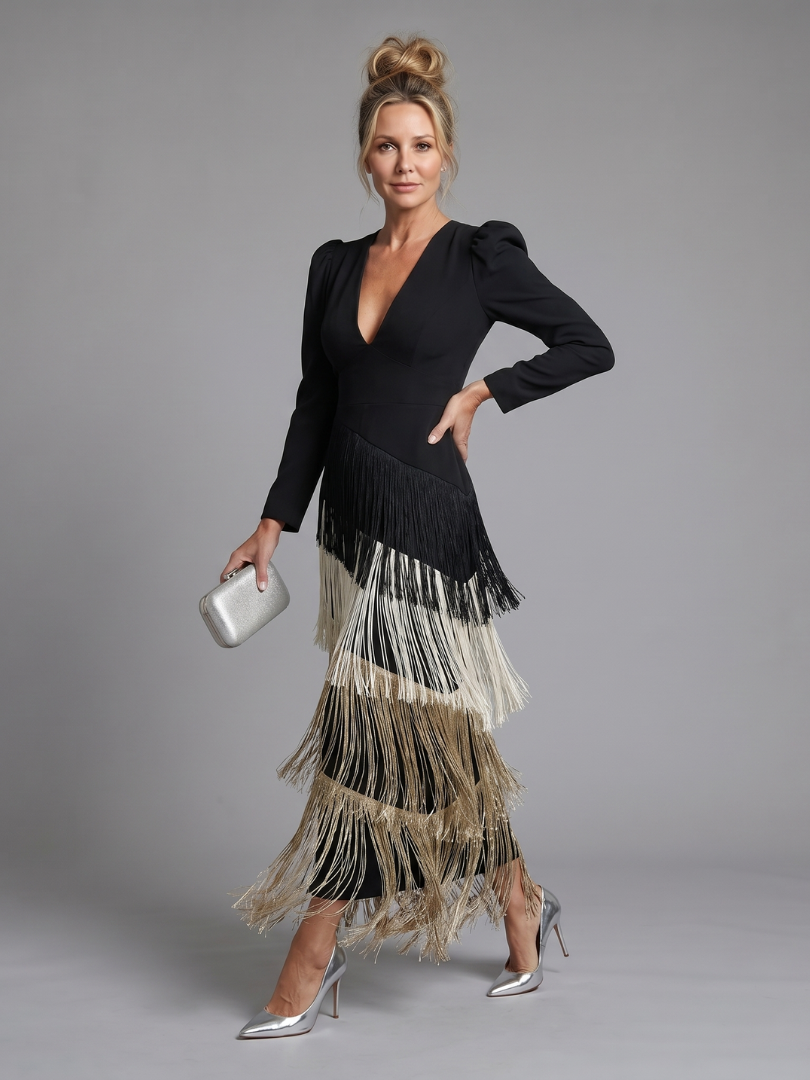 Ivy & Grace Long Sleeve Soft Fringe Skirt Midi Dress