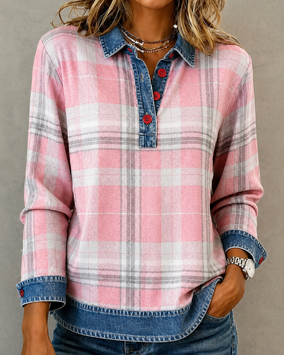 Talia™ | Plaid Denim Detail Top