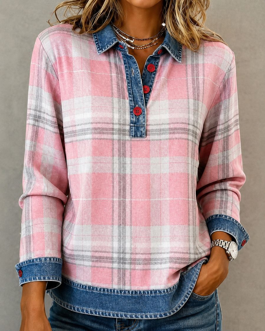 Talia™ | Plaid Denim Detail Top