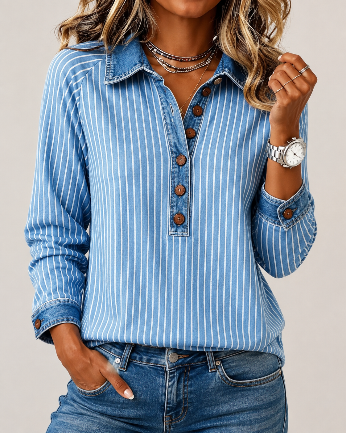 Maris™ | Stripe Denim Detail Top