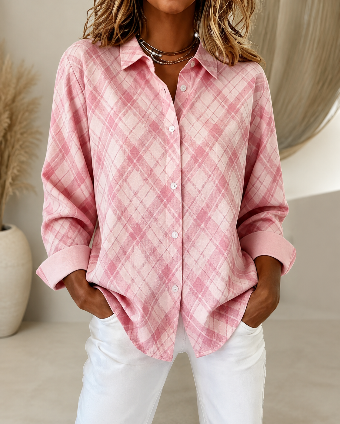 Elodie™ | Diamond-Check Relaxed Button Shirt