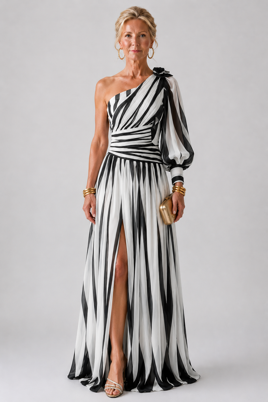Ivy & Grace™ |Elegant Striped Maxi Dress with One Shoulder