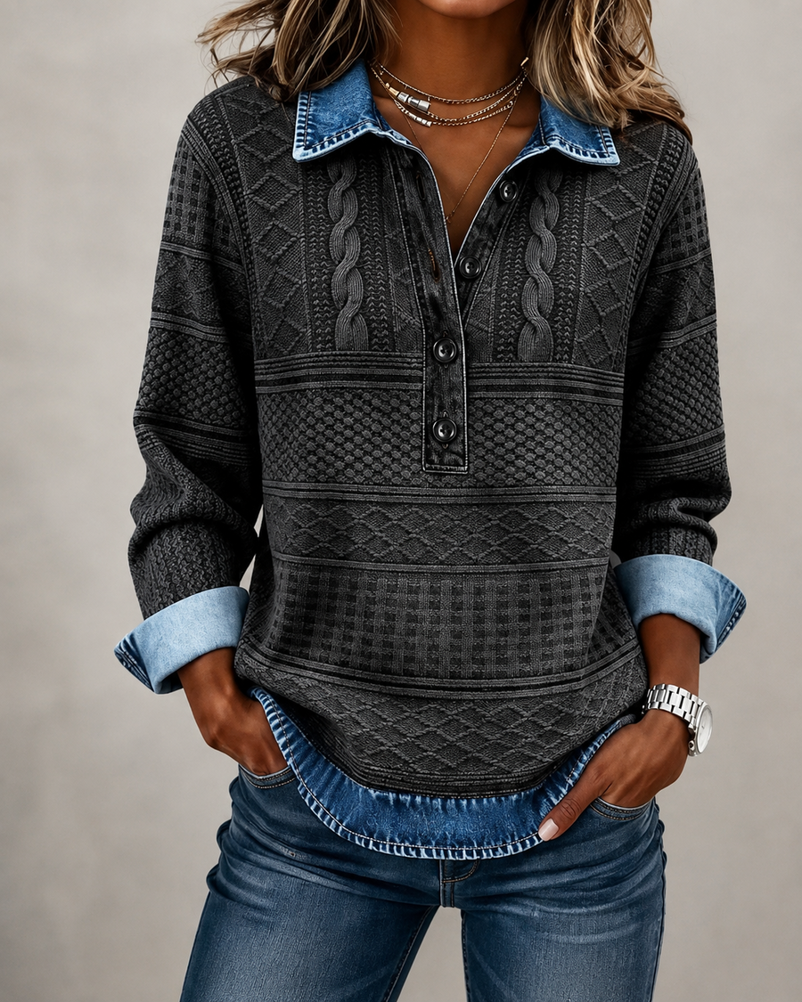 Tamsin™ | Textured Denim Collar Knit Jumper
