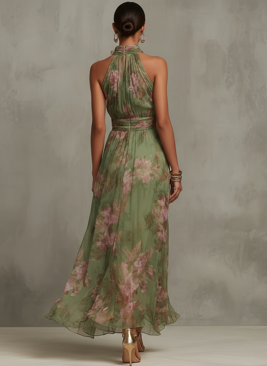 Serena | Long Green Floral Chiffon Halter Neck Dress