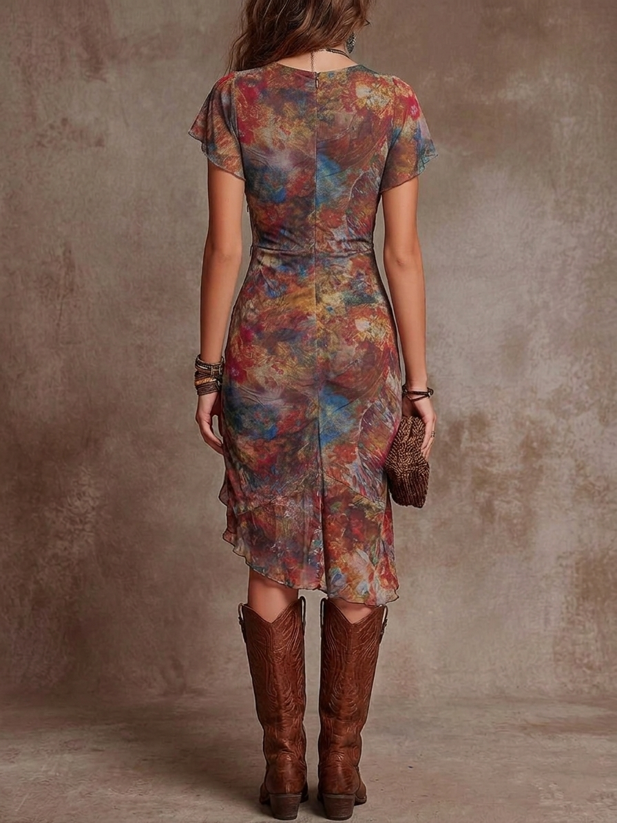 Martina | Pleated V-Neck Midi Dress with Abstract Boho Print