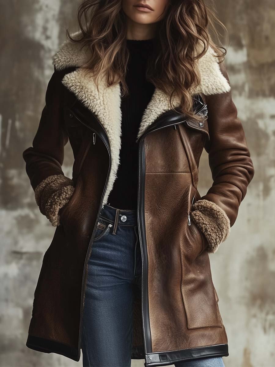 Kirsty™ | Faux-Leather Contrast-Collar Coat