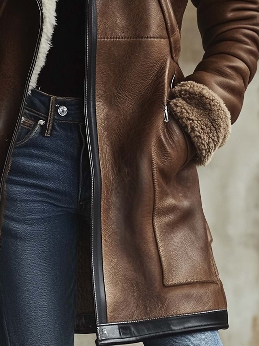 Kirsty™ | Faux-Leather Contrast-Collar Coat