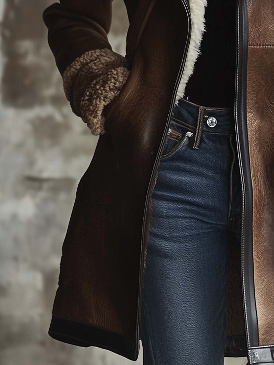 Kirsty™ | Faux-Leather Contrast-Collar Coat