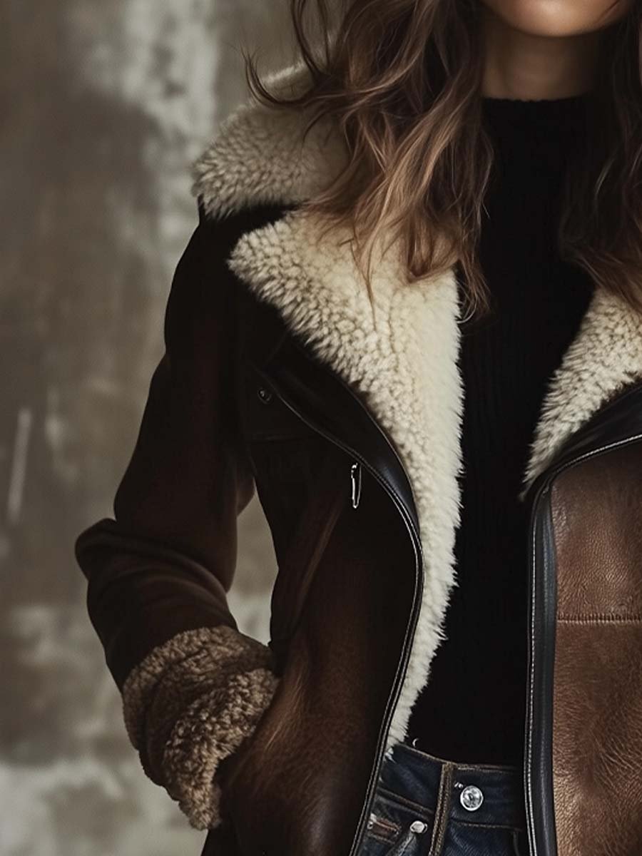 Kirsty™ | Faux-Leather Contrast-Collar Coat
